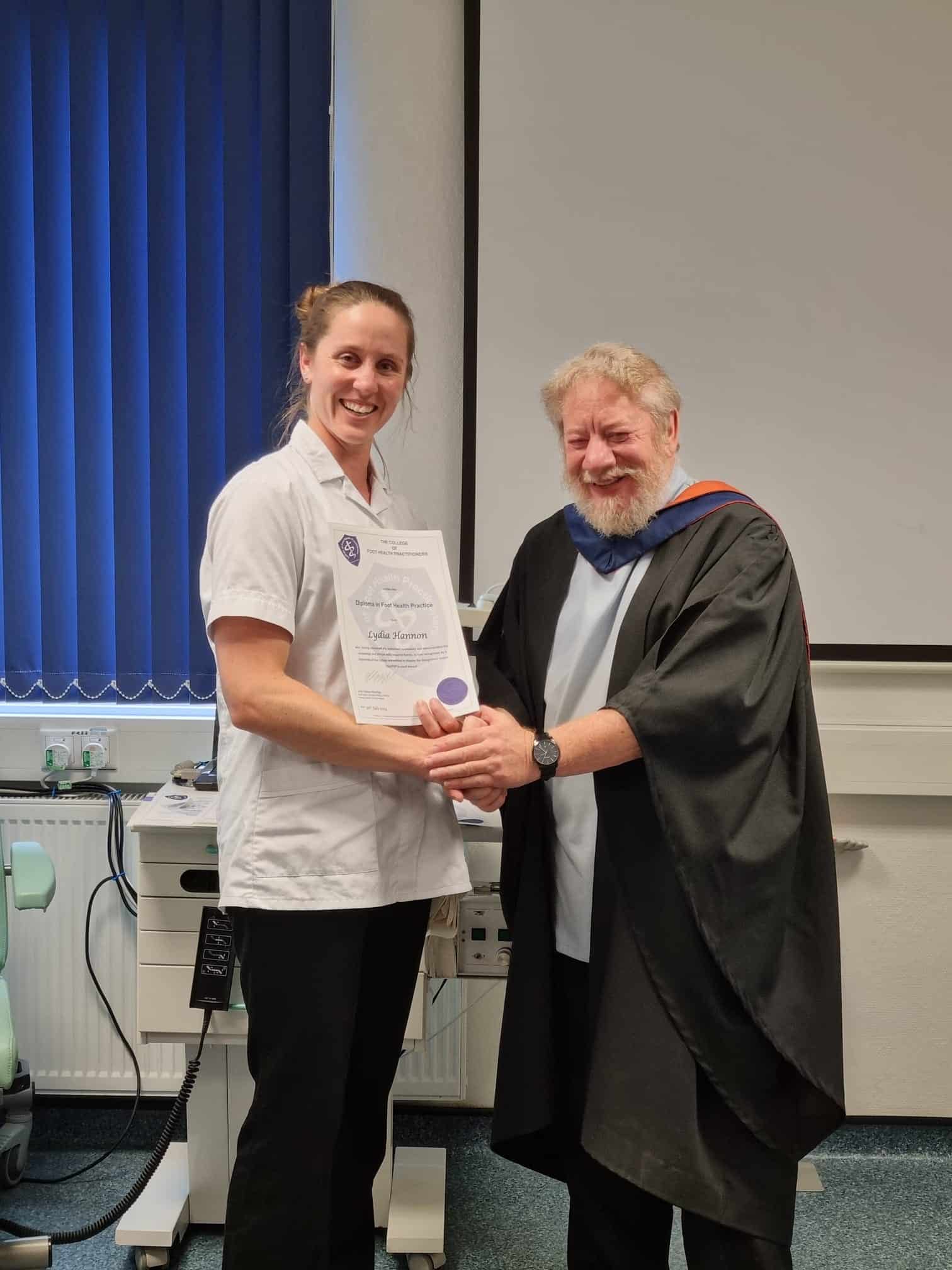 student completed course with certificate at the college of foot health practitioners.